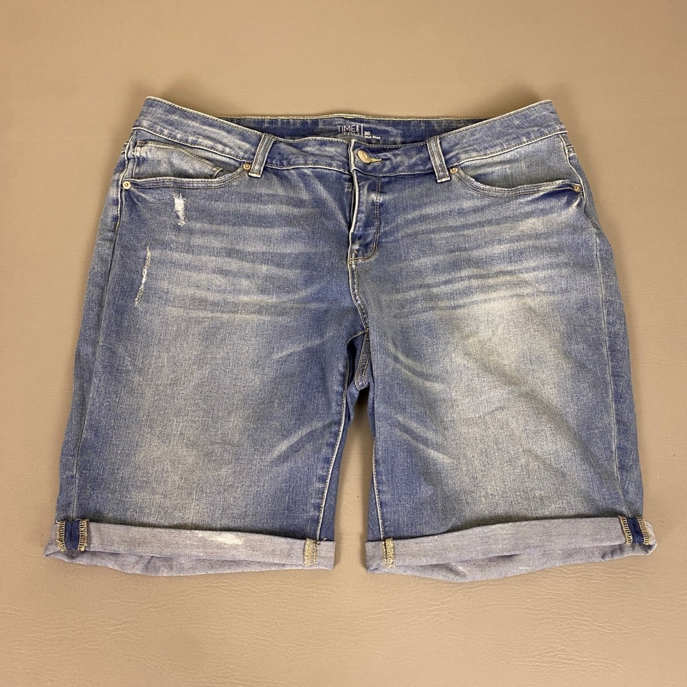 Time andβ Tru Denim Shorts Womens 20 Blue Mid Rise Cuffed Distressed Bermuda *